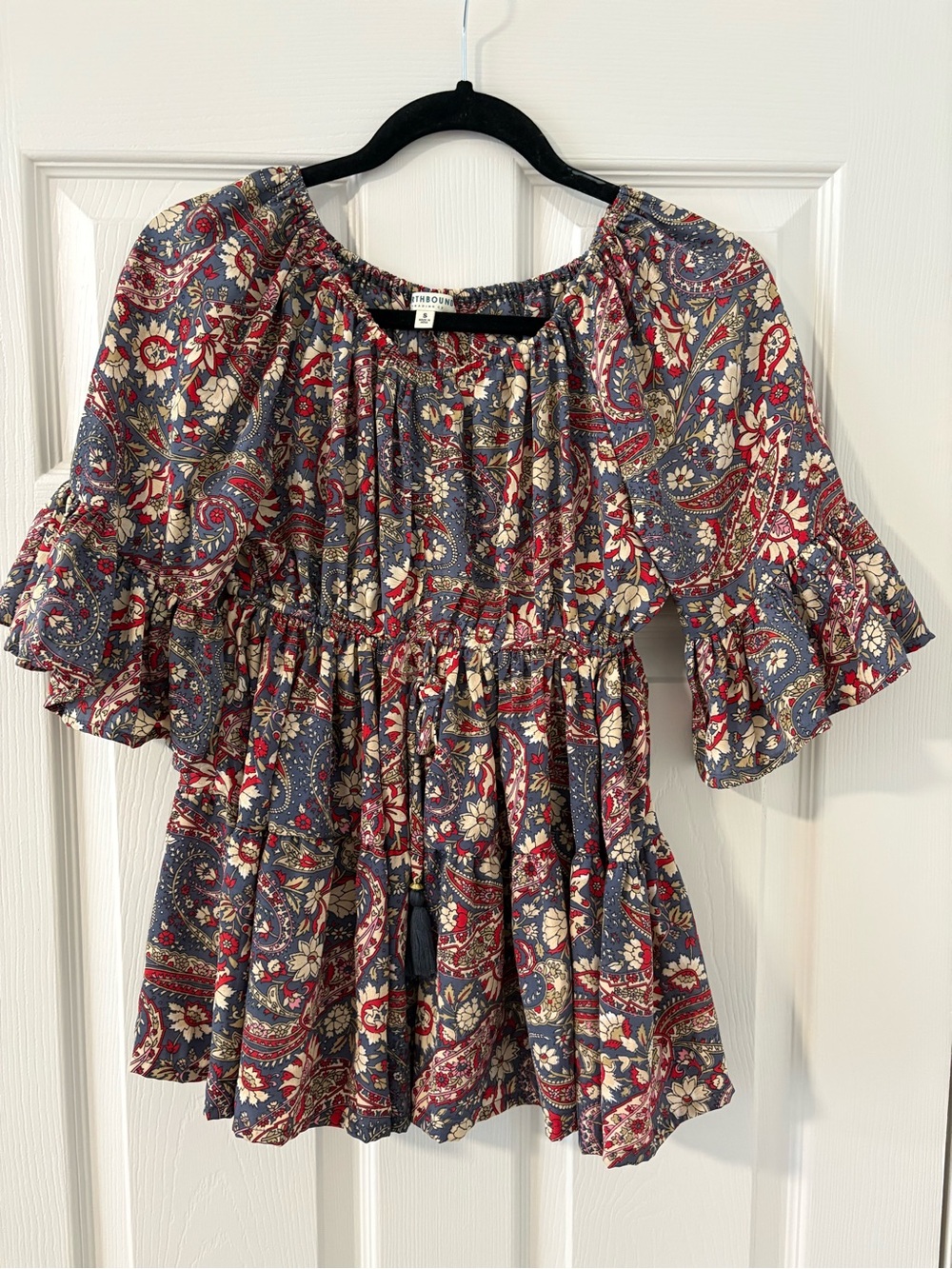 Earthbound Women’s Boho Paisley Peasant Top Ruffles Red Blue Size Small